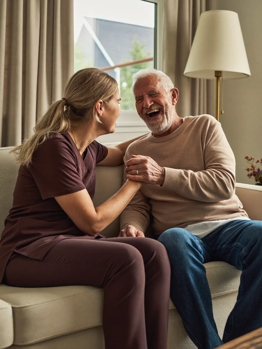 Betreuungskraft und Senior lachen gemeinsam auf dem Sofa