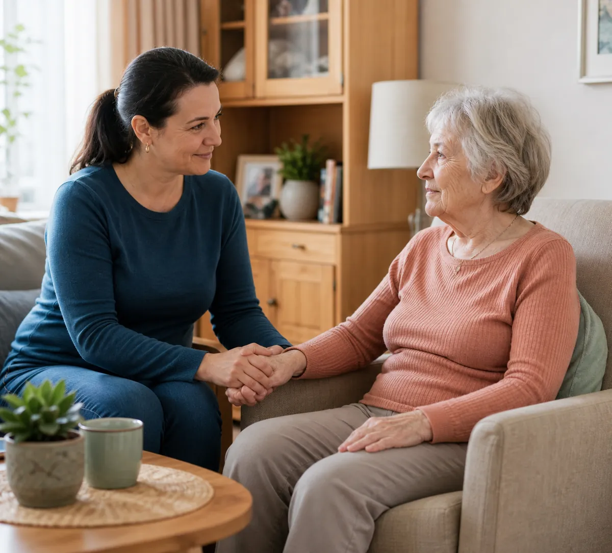 Betreuungskraft und Seniorin sitzen gemeinsam auf dem Sofa