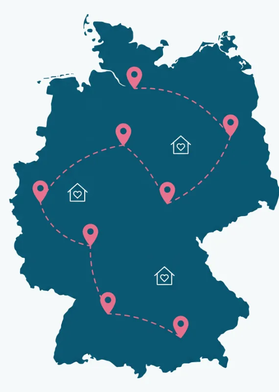 Karte von Deutschland mit den Einsatzregionen von Jacura, verbunden durch eine Route mit Standortmarkierungen