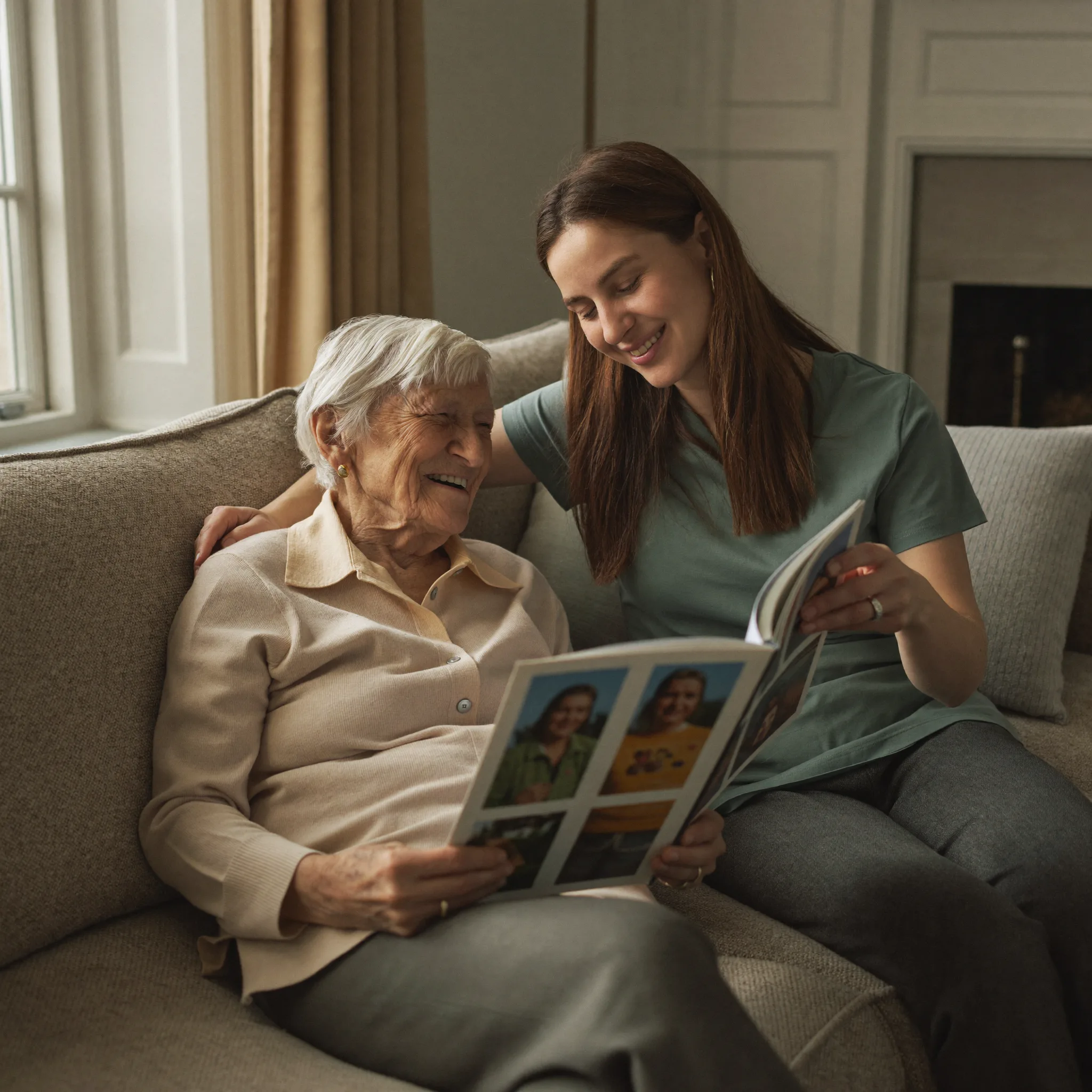 Betreuerin und Seniorin schauen gemeinsam ein Fotoalbum an